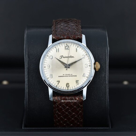 Princeton Unbreakable Mainspring 33mm Ivory Arabic Dial on a Brown Leather Strap